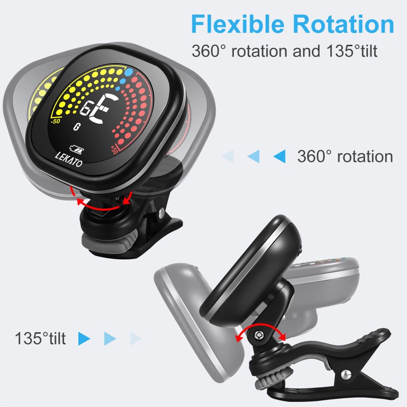 LEKATO Guitar Tuner Rechargeable, Tuner Clip On for Guitar, Bass, Chromatic, Ukulele,Violin Tuner, Fast Accuratie Tuning, Super Bright Display to Read, for Professional/Beginners - Image 4