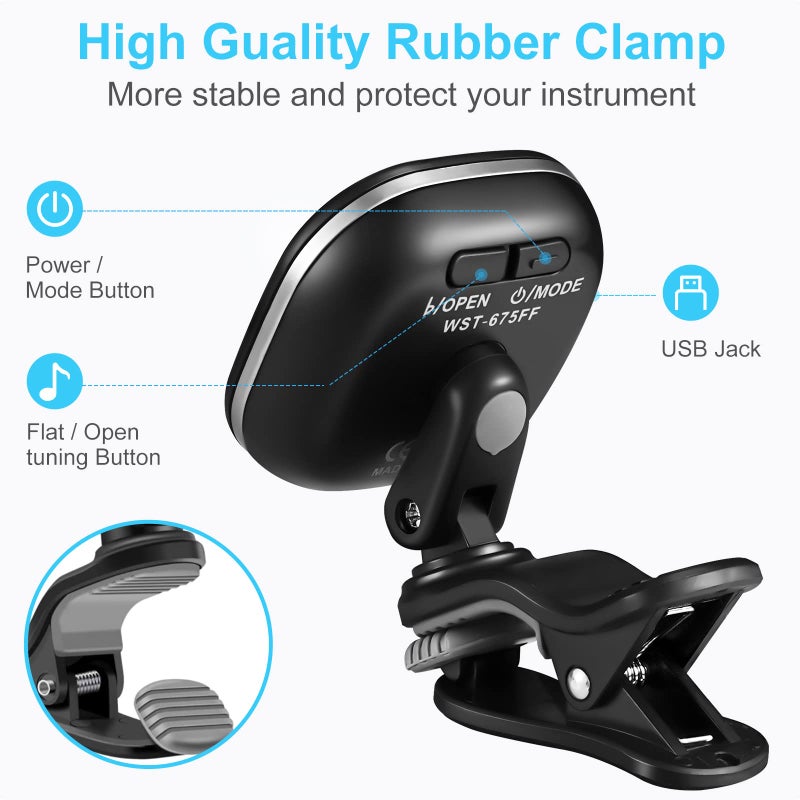 LEKATO Guitar Tuner Rechargeable, Tuner Clip On for Guitar, Bass, Chromatic, Ukulele,Violin Tuner, Fast Accuratie Tuning, Super Bright Display to Read, for Professional/Beginners - Image 3