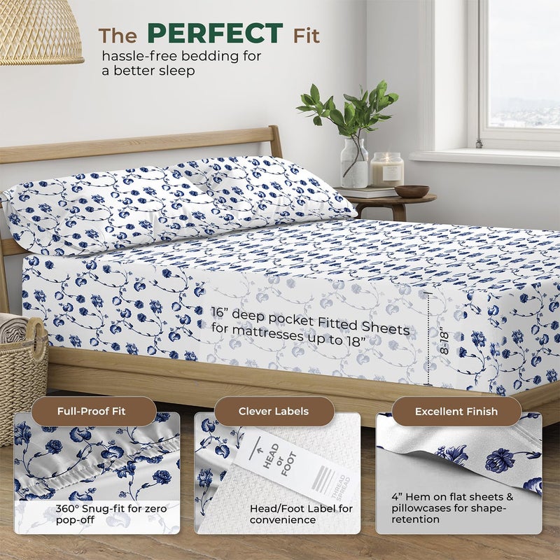 THREAD SPREAD 100% Organic Cotton Printed Sheets Queen Size - 4 PC Organic Cotton Percale Sheets Queen Set (Floral Blue), Cooling & Breathable Sheet, 16" Deep Pocket Hotel Bedding - GOTS Certified - Image 4