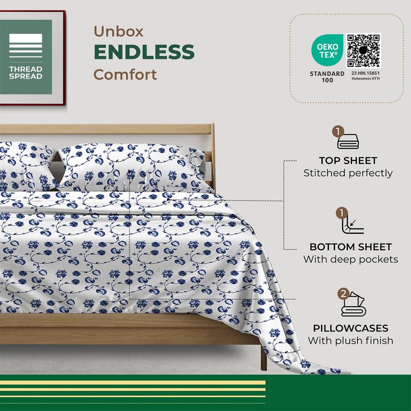 THREAD SPREAD 100% Organic Cotton Printed Sheets Queen Size - 4 PC Organic Cotton Percale Sheets Queen Set (Floral Blue), Cooling & Breathable Sheet, 16" Deep Pocket Hotel Bedding - GOTS Certified - Image 3