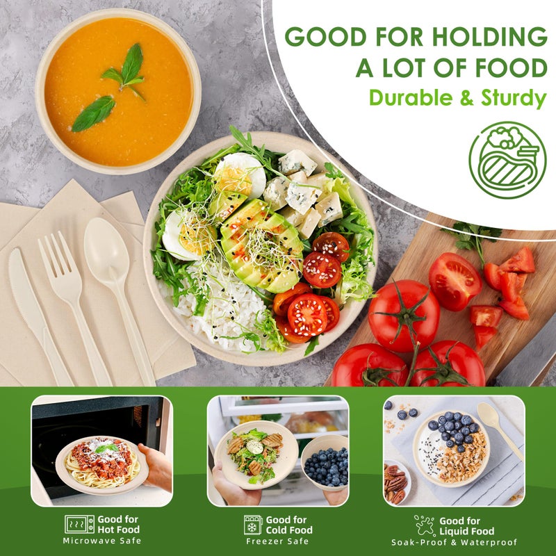 FEHHTO Disposable Paper Plates Set 300PCS Compostable Sugarcane Plates  Bowls  Heavy-duty Utensil  Biodegradable Napkins  Eco-friendly Dinnerware Set for Party Camping 50 People - Image 4