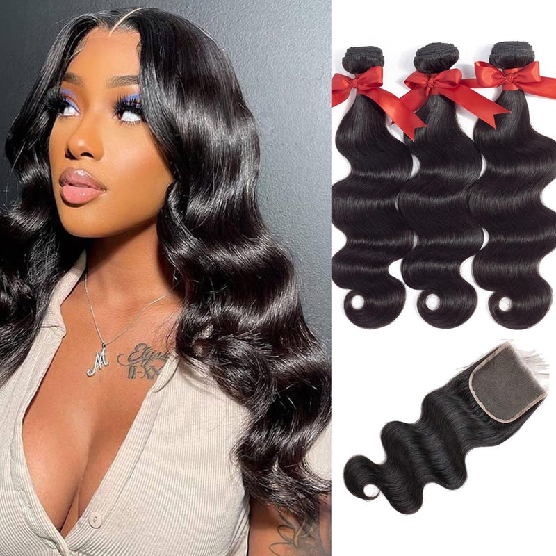 ALLRUN Body Wave 3 Bundles with Closure 100 Unprocessed Brazilian Body Wave Human Hair Bundles with 4x4 Lace Closure Free Part Natural Color14 16 1812