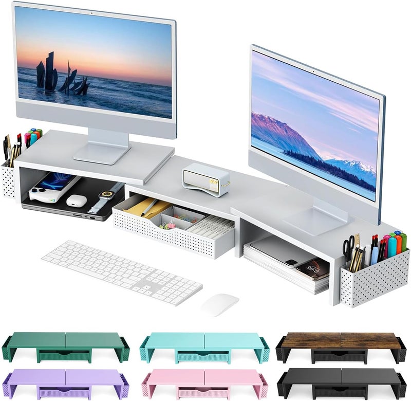 gianotter Dual Monitor Stand Riser, Modern Minimalist Desk Organizer with Drawer, 2 Pen Holders, Monitor Stand for Desk, Office Decor Essentials (White) - Image 1