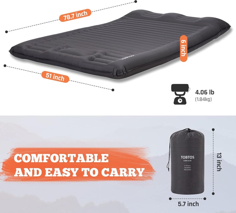 TOBTOS Double Sleeping Pad for Camping, Extra Thick 6" Camping Mattress 2 Person with Pillow Built-in Foot Pump, Inflatable Sleeping Mat for Camping, Backpacking, Hiking, Traveling - Image 2