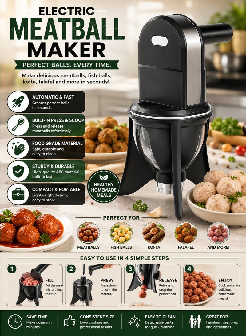 Electric Meatball Maker, Automatic Meatball Forming Machine with Food Press Scoop, Portable Meatball Mold Tool for Beef, Chicken, Fish Balls, Falafel, Kofta, Kitchen Cooking, Black
