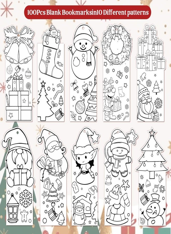 BAISDY 100Pcs Christmas Coloring Bookmarks Color Your Own Bookmarks, 10 Styles Xmas Patterns Craft Kit for DIY - Image 2