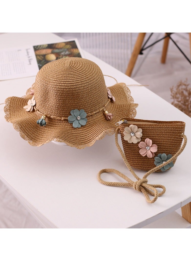 KUYING New Straw Hat Bag Set Sunscreen Sun Hat Summer Princess Baby Cool Hat 