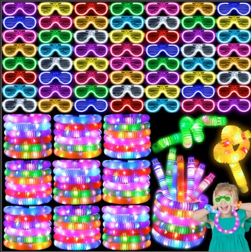 UZLU 60 Pcs Glow in the Dark Party Supplies 30 LED Light Up Glasses 30 Glow Sticks LED Party Favors Light Up Pop Tubes Flash Glasses LED Bracelet Necklace for Birthday Wedding Goodie Bag - Image 1