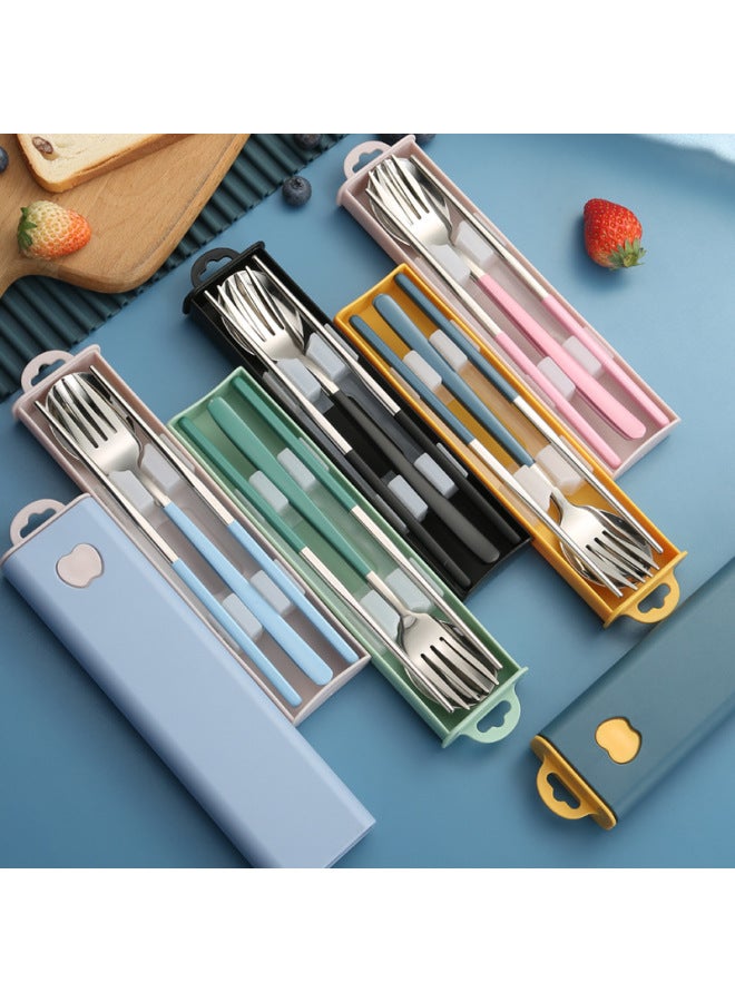 304 Stainless Steel Tableware Creative Korean Spoon Fork Chopsticks Three-piece Set Student Portable Gift Set Logo-Specifications: Ink Blue + Silver 3 Piece Set - Image 2