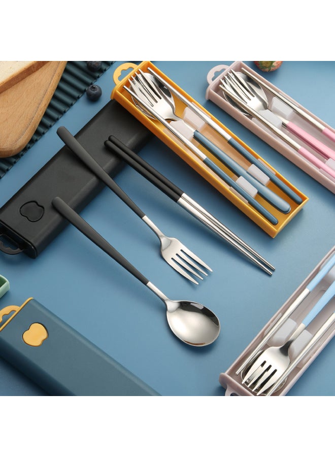 304 Stainless Steel Tableware Creative Korean Spoon Fork Chopsticks Three-piece Set Student Portable Gift Set Logo-Specifications: Ink Blue + Silver 3 Piece Set - Image 4