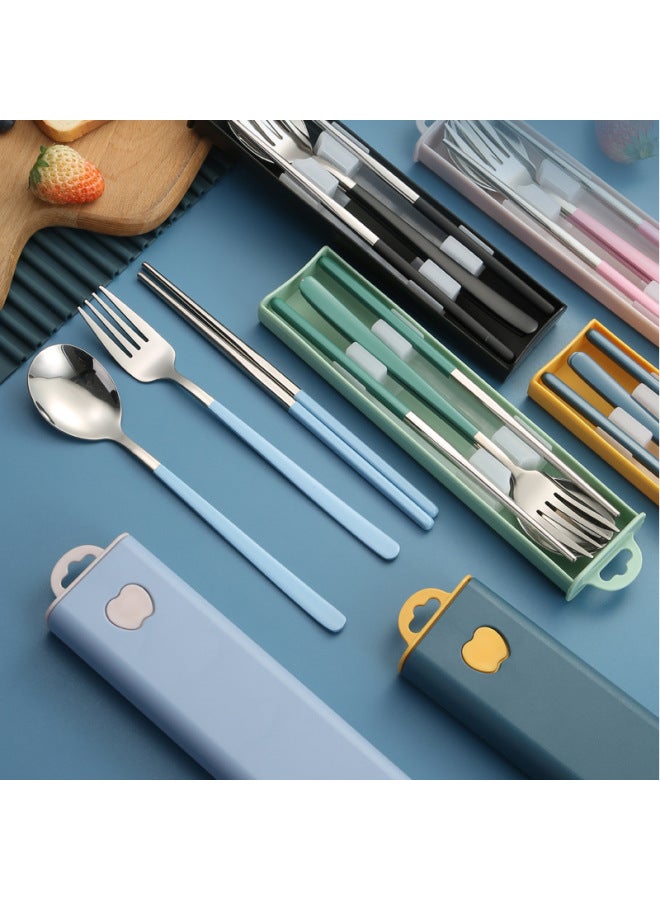 304 Stainless Steel Tableware Creative Korean Spoon Fork Chopsticks Three-piece Set Student Portable Gift Set Logo-Specifications: Ink Blue + Silver 3 Piece Set - Image 3