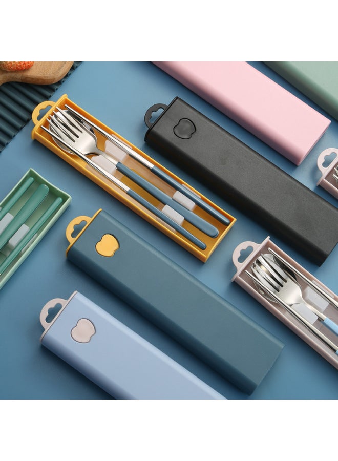 304 Stainless Steel Tableware Creative Korean Spoon Fork Chopsticks Three-piece Set Student Portable Gift Set Logo-Specifications: Ink Blue + Silver 3 Piece Set - Image 5