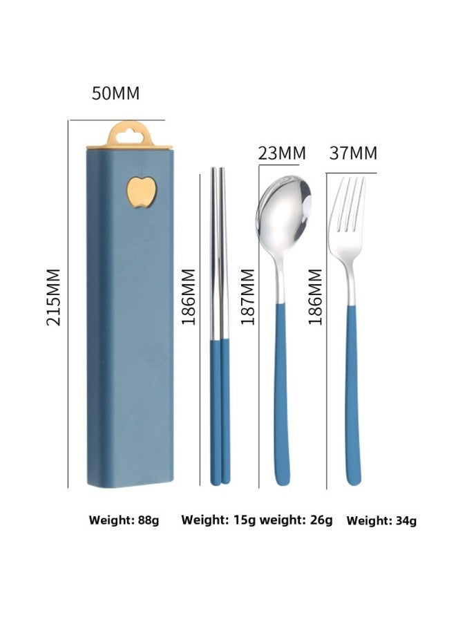 304 Stainless Steel Tableware Creative Korean Spoon Fork Chopsticks Three-piece Set Student Portable Gift Set Logo-Specifications: Ink Blue + Silver 3 Piece Set - Image 1