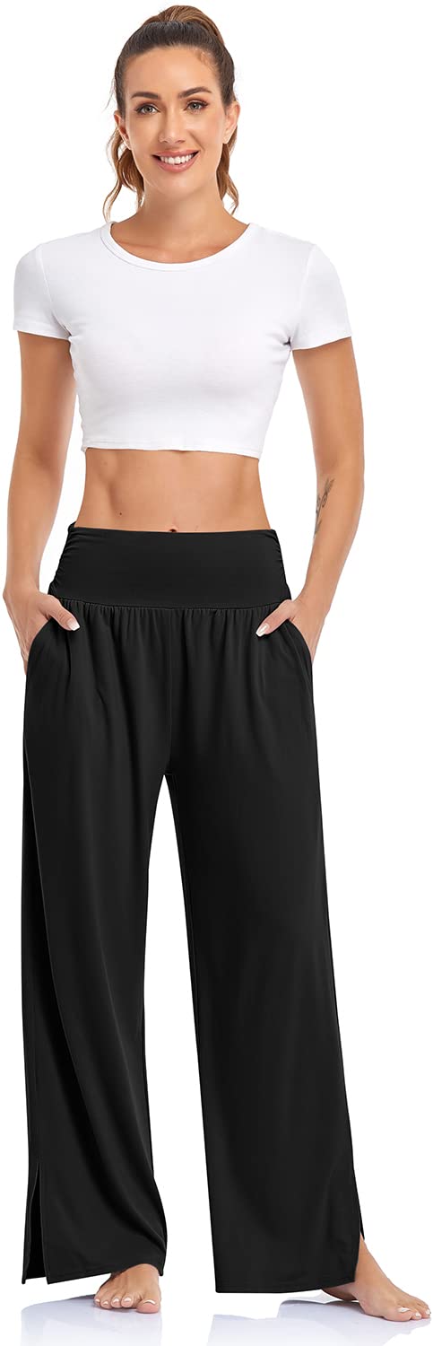 UEU Womens Wide Leg Yoga Pants High Waisted Adjustable Tie Knot Joggers Casual Loose Plus Size Lounge Sweatpants with Pockets (Black, XXL) - Image 2