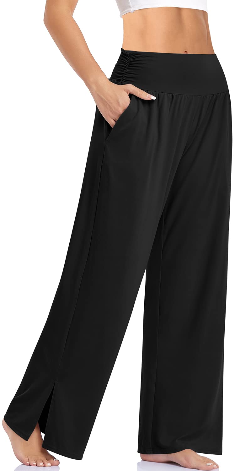 UEU Womens Wide Leg Yoga Pants High Waisted Adjustable Tie Knot Joggers Casual Loose Plus Size Lounge Sweatpants with Pockets (Black, XXL) - Image 1