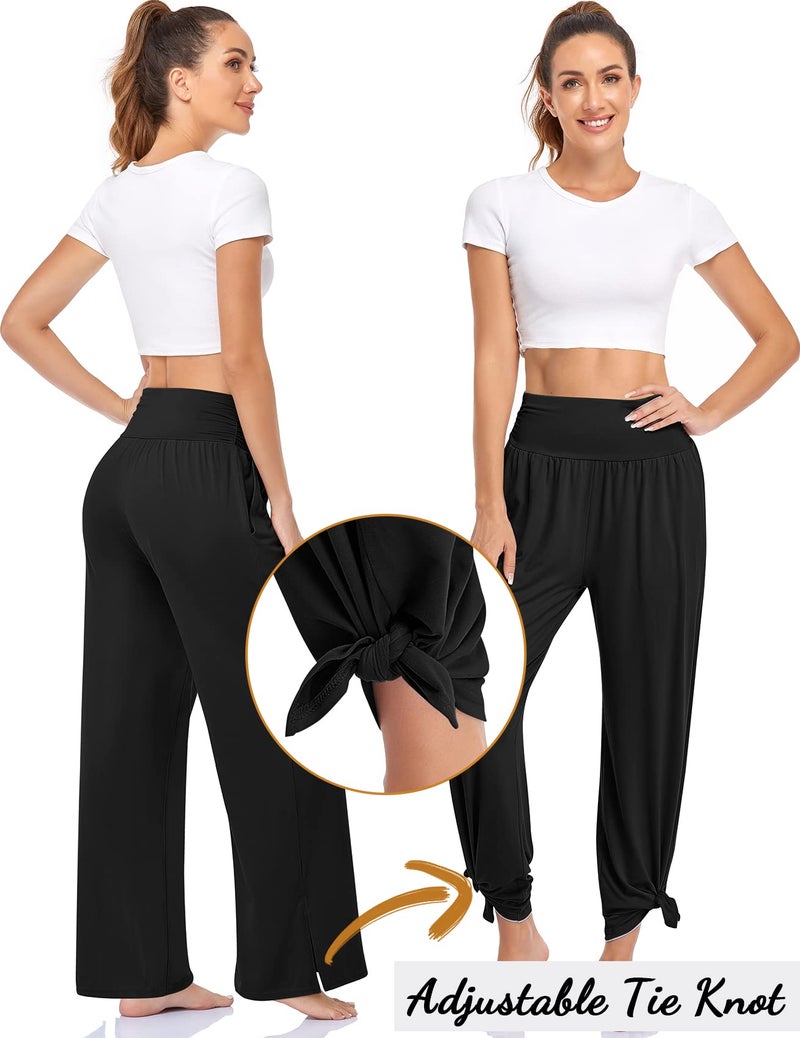 UEU Womens Wide Leg Yoga Pants High Waisted Adjustable Tie Knot Joggers Casual Loose Plus Size Lounge Sweatpants with Pockets (Black, XXL) - Image 4