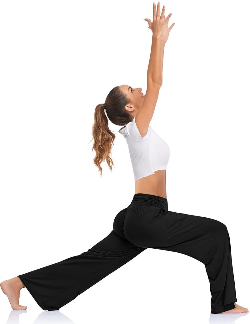 UEU Womens Wide Leg Yoga Pants High Waisted Adjustable Tie Knot Joggers Casual Loose Plus Size Lounge Sweatpants with Pockets (Black, XXL) - Image 3