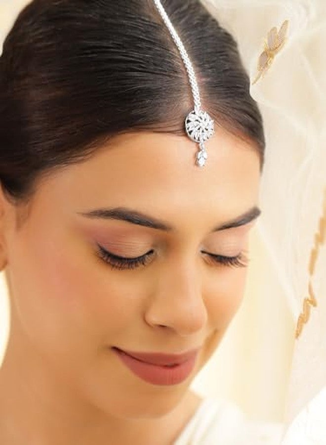 Rubans Rhodium-Plated White Cubic Zirconia Studded Floral Swirl Design Maang Tikka for Women & Girls - Perfect for Weddings & Festive Occasions - Image 3