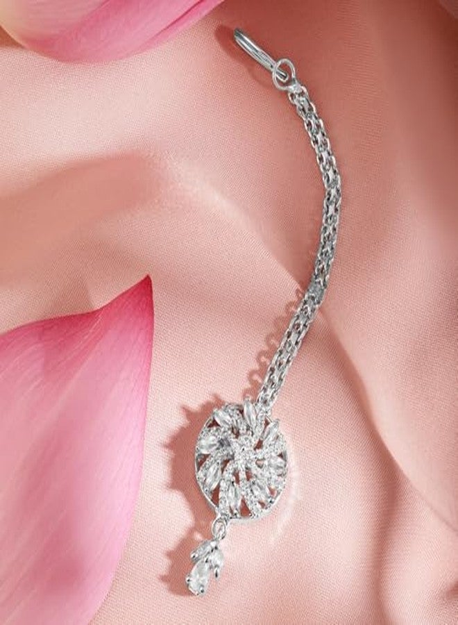 Rubans Rhodium-Plated White Cubic Zirconia Studded Floral Swirl Design Maang Tikka for Women & Girls - Perfect for Weddings & Festive Occasions - Image 4