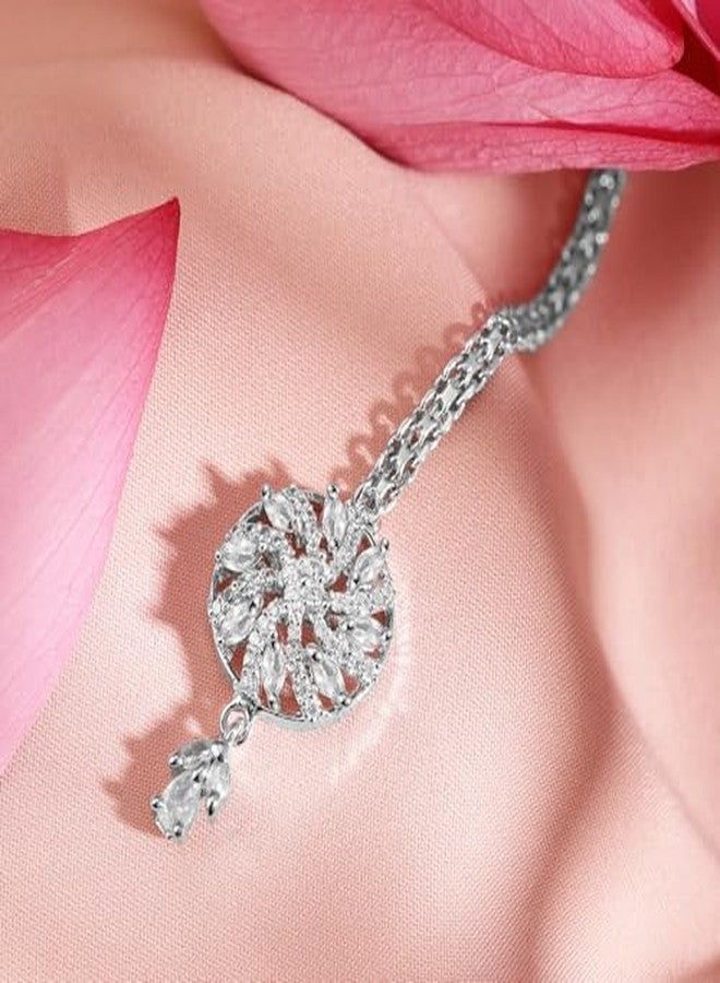 Rubans Rhodium-Plated White Cubic Zirconia Studded Floral Swirl Design Maang Tikka for Women & Girls - Perfect for Weddings & Festive Occasions - Image 5