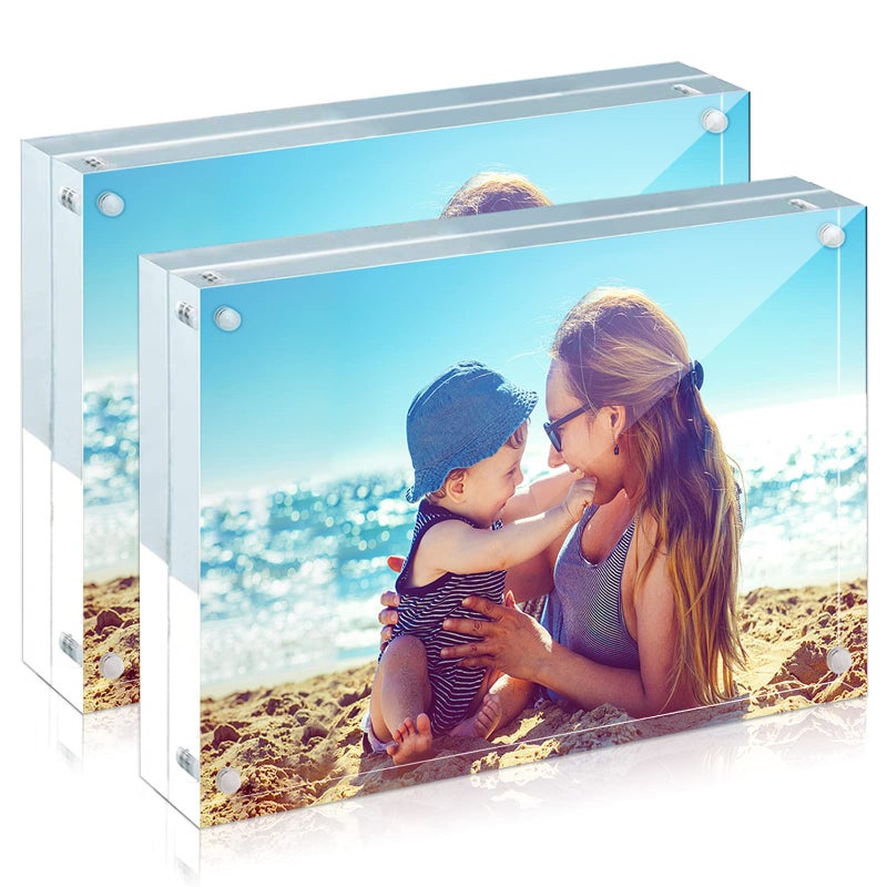 HELPLEX Acrylic Frames 2 Pack 4x6 20mm Thicker Frameless Clear Frame Double Sided Magnetic Free Standing Desktop Display