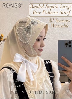 roaiss Women's Chiffon Hijab Muslim Casual Scarf Bead Sequin Turban for Ladies Beading Decoration Versatile All Seasons Wearable Traditional Wear Hijab Ramadan and Eid al-Adha Gifts  - Image 1