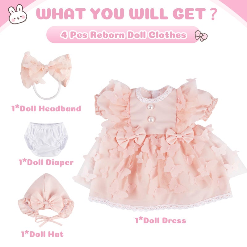 BABESIDE 4 Pcs Reborn Baby Doll Clothes Set for 17-22 Inch Babydolls, Pink Bow Dolls Dress with Hat Headband and Reusable Diaper for Realistic Baby Doll Accessories - Image 5