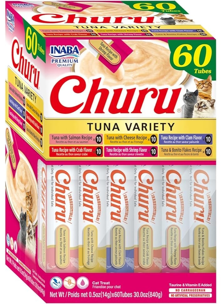 INABA Churu Cat Treats, Grain-Free, Lickable, Squeezable Creamy Purée Cat Treat/Topper with Vitamin E & Taurine, 0.5 Ounces Each Tube, 60 Tubes, Tuna Variety Box - Image 1