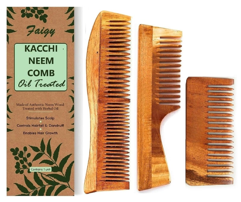 Faigy Kacchi Neem Neem Wooden Comb Set for Women & Men | Wooden combs combo Hair Comb Set | Kachi neem comb for Women for Hair Growth | Dandruff remover comb Neem Wood Kangi for Hair Growth, Detangling & Hair fall control (Pack of 3) - Image 1