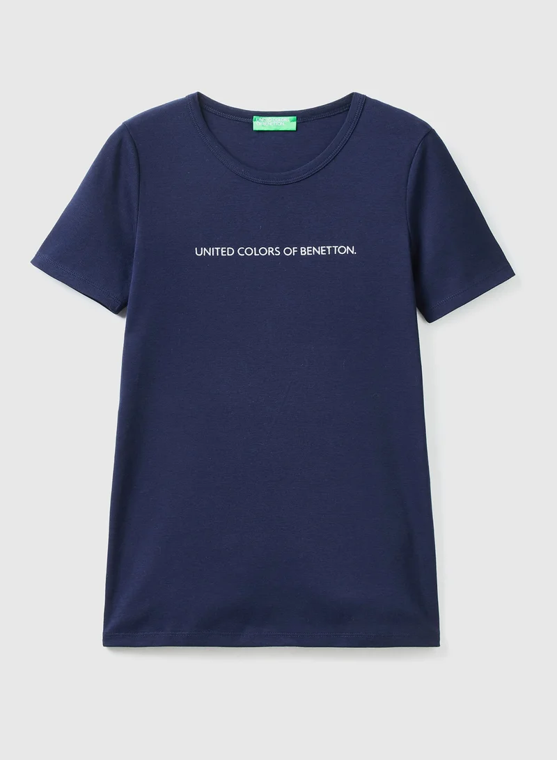 UNITED COLORS OF BENETTON 100% Cotton T-Shirt With Glitter Print Logo