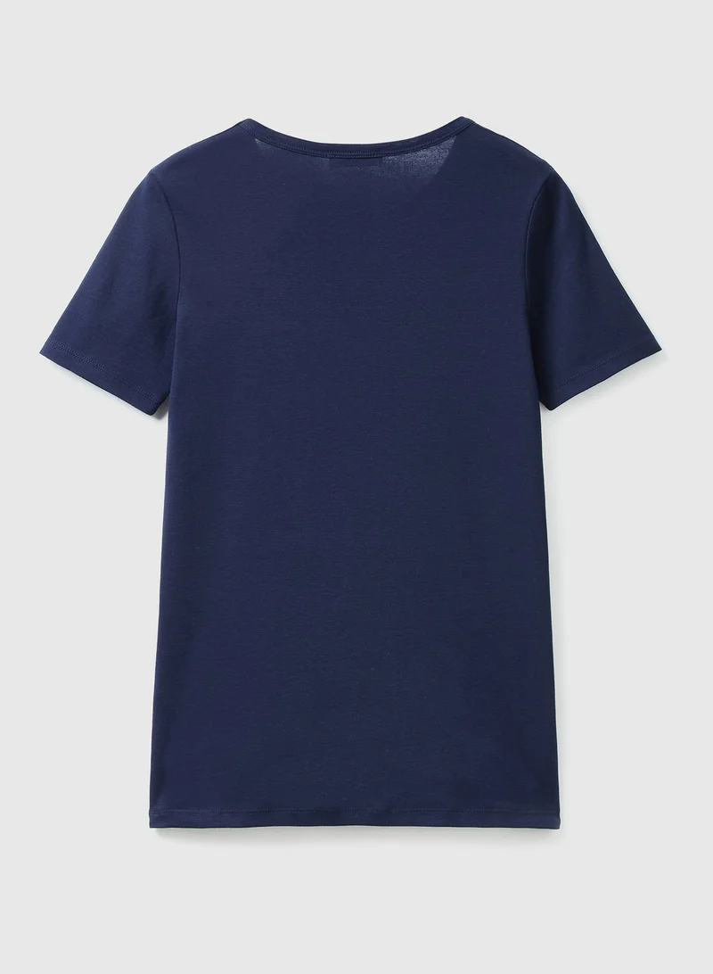 UNITED COLORS OF BENETTON 100% Cotton T-Shirt With Glitter Print Logo