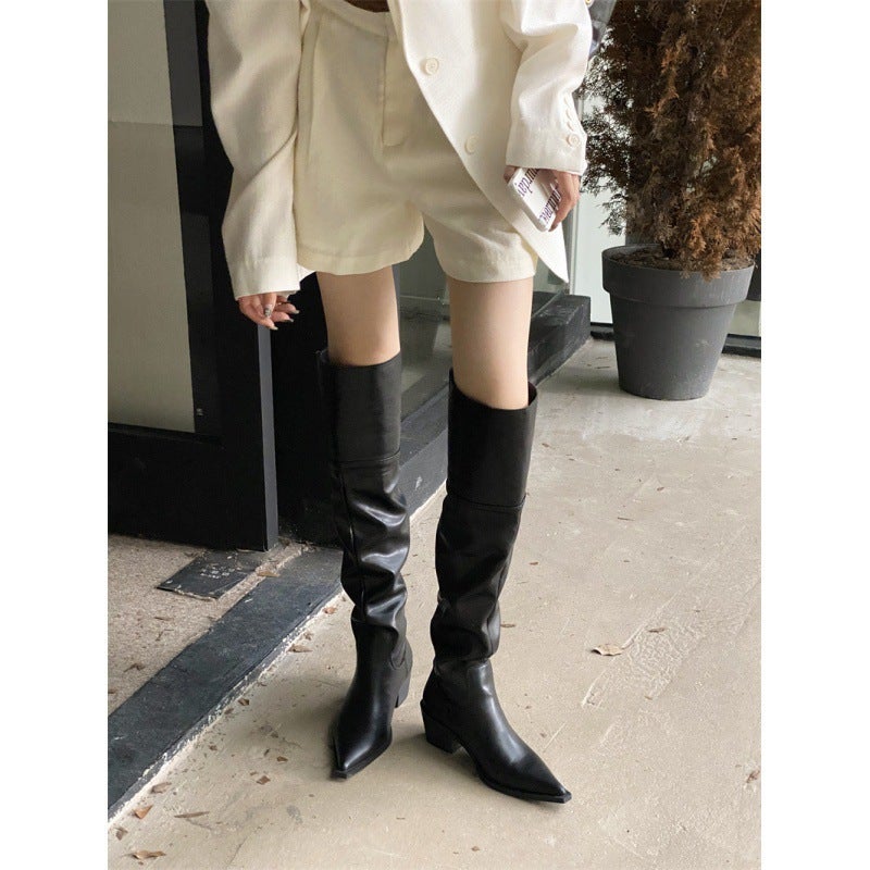 Fashion Versatile Button Turn-Up Two-Way Knight Boots Western Boots Women'S Boots Pointed - Image 3