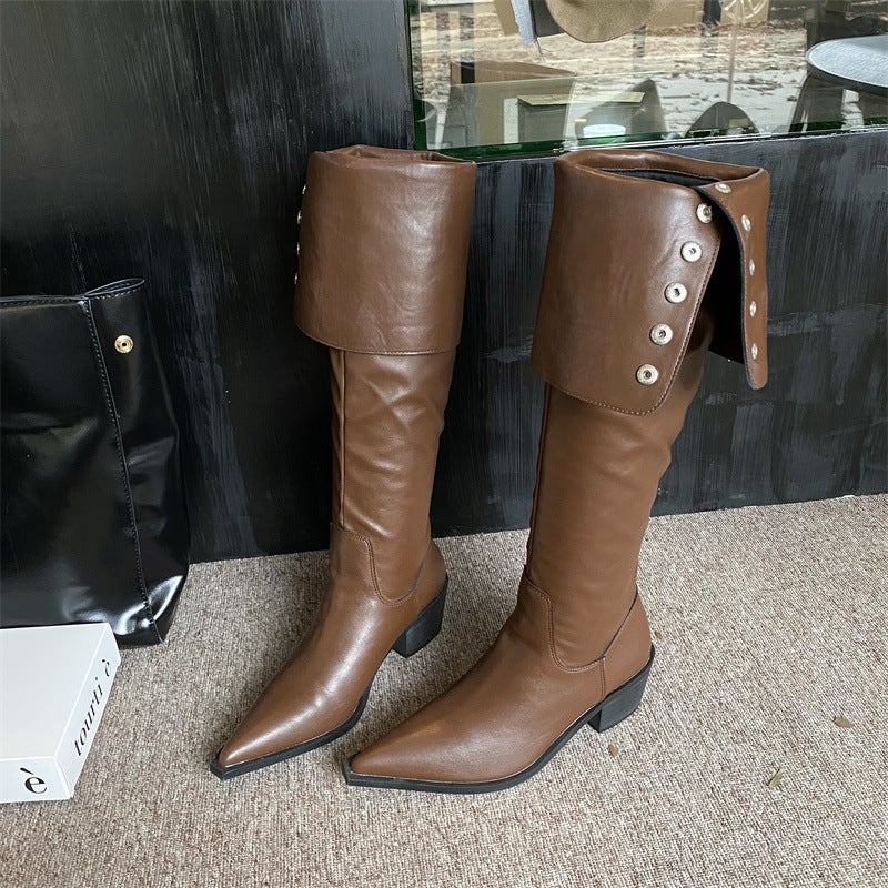 Fashion Versatile Button Turn-Up Two-Way Knight Boots Western Boots Women'S Boots Pointed - Image 1