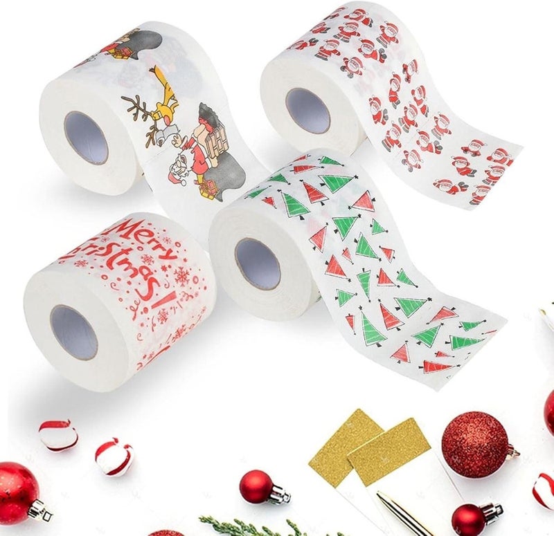 comfrt Rolls Christmas Toilet Paper Decorations, Christmas Tree and Santa Claus Printed Tissue Napkins for Xmas Gift, Santa Claus Bath Toilet Roll Paper Christmas Supplies Xmas Decor (4PCS-F) - Image 1