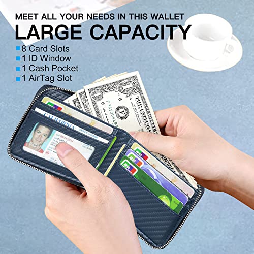 Huztencor AirTag Wallet, Mens Wallet Zipper RFID Slim Leather RFID Credit Card Wallet with Built-in Case Holder for Apple AirTag Carbon Fiber Blue - Image 3