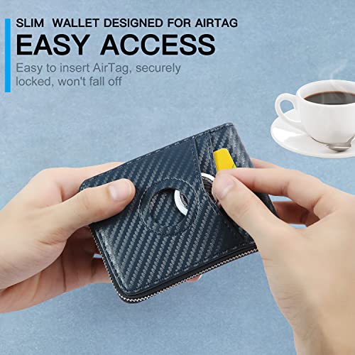Huztencor AirTag Wallet, Mens Wallet Zipper RFID Slim Leather RFID Credit Card Wallet with Built-in Case Holder for Apple AirTag Carbon Fiber Blue - Image 4