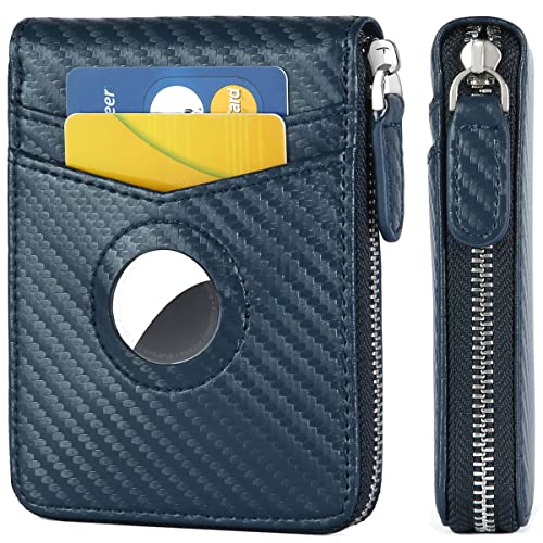 Huztencor AirTag Wallet, Mens Wallet Zipper RFID Slim Leather RFID Credit Card Wallet with Built-in Case Holder for Apple AirTag Carbon Fiber Blue - Image 1