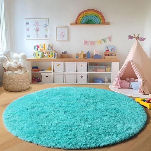 ONASAR Teal Blue Round Area Rug 4ft, Soft Fluffy Bedroom Bedside Floor Circle Rugs for Kids Girls Boys Teen Room, Cute Fuzzy Furry Plush Shaggy Carpet for Nursery Living Room Playroom Dorm Home Decor - Image 5