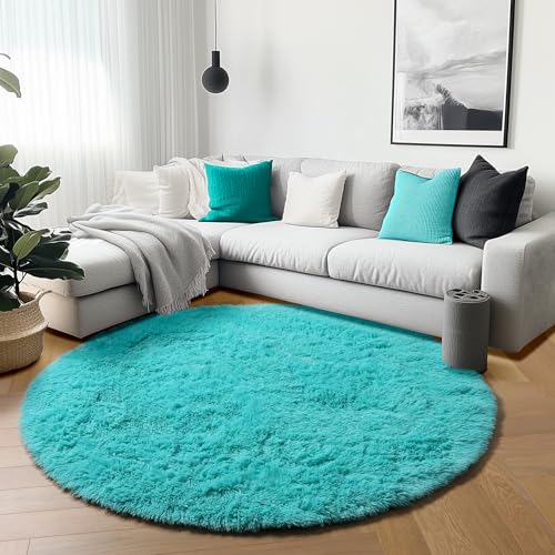 ONASAR Teal Blue Round Area Rug 4ft, Soft Fluffy Bedroom Bedside Floor Circle Rugs for Kids Girls Boys Teen Room, Cute Fuzzy Furry Plush Shaggy Carpet for Nursery Living Room Playroom Dorm Home Decor - Image 3