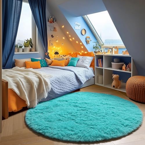 ONASAR Teal Blue Round Area Rug 4ft, Soft Fluffy Bedroom Bedside Floor Circle Rugs for Kids Girls Boys Teen Room, Cute Fuzzy Furry Plush Shaggy Carpet for Nursery Living Room Playroom Dorm Home Decor - Image 1