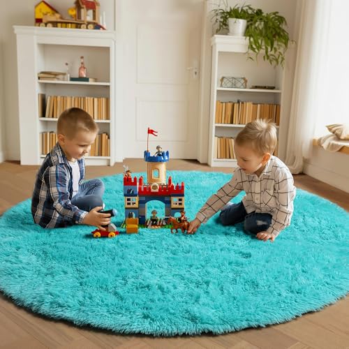 ONASAR Teal Blue Round Area Rug 4ft, Soft Fluffy Bedroom Bedside Floor Circle Rugs for Kids Girls Boys Teen Room, Cute Fuzzy Furry Plush Shaggy Carpet for Nursery Living Room Playroom Dorm Home Decor - Image 4