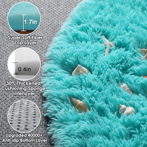 ONASAR Teal Blue Round Area Rug 4ft, Soft Fluffy Bedroom Bedside Floor Circle Rugs for Kids Girls Boys Teen Room, Cute Fuzzy Furry Plush Shaggy Carpet for Nursery Living Room Playroom Dorm Home Decor - Image 2