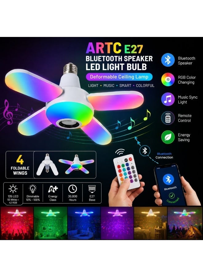 مصباح سقف E27 بتقنية بلوتوث من ARTC، مزود بمكبر صوت LED، وإضاءة RGB متغيرة الألوان، وأربعة أجنحة قابلة للطي، وإضاءة ذكية متزامنة مع الموسيقى، وتحكم عن بُعد وتطبيق، وموفر للطاقة من فئة A+، يحتوي على 135 مصباح LED (93 أبيض + 42 RGB)، وإضاءة ديسكو قابلة للتعتيم، مناسب لغرف النوم والمعيشة والديكور المنزلي والتخييم والاستخدام الخارجي. - Image 1