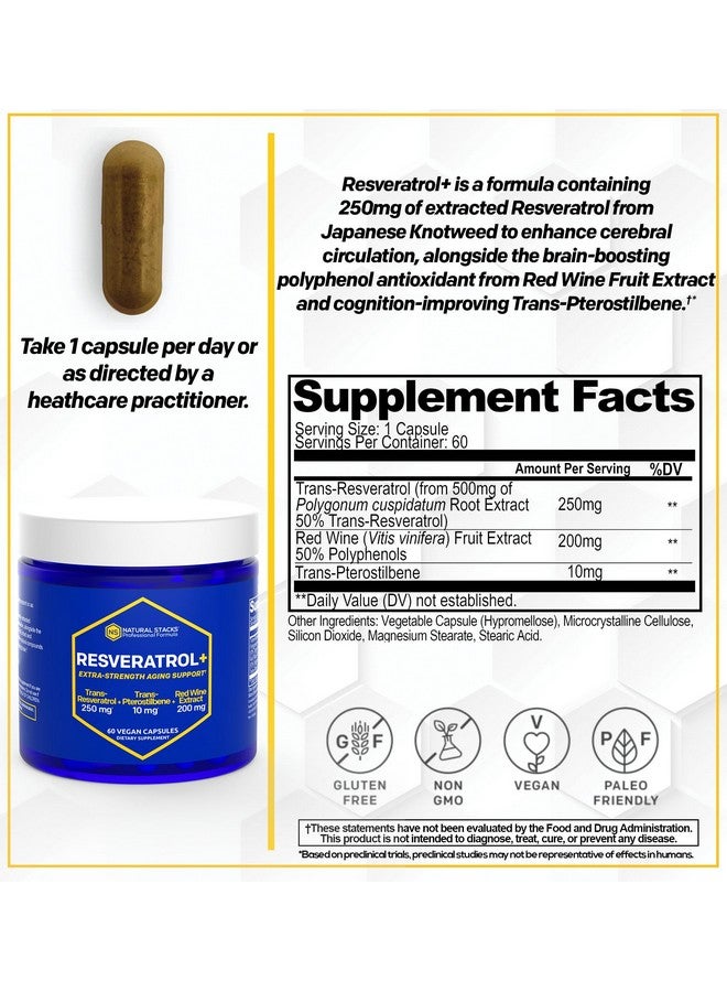 Natural Stacks Resveratrol Supplement - 250mg Trans-Resveratrol & 10mg Trans-Pterostilbene - Antioxidants Supplement with 200mg Red Wine Extract - Extra Strength Aging Support - 60 Japanese Knotweed Capsules - Image 2