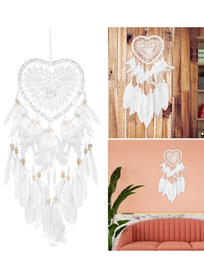 Dream Catcher, Lovely Heart Shape Dreamcatcher Handmade Lace Dream Catcher Feather Bead Wall Hanging Boho Woven Art Ornament Gift Craft Dreamcatcher Wind Chimes for Home Children Bedroom Decor - Image 1