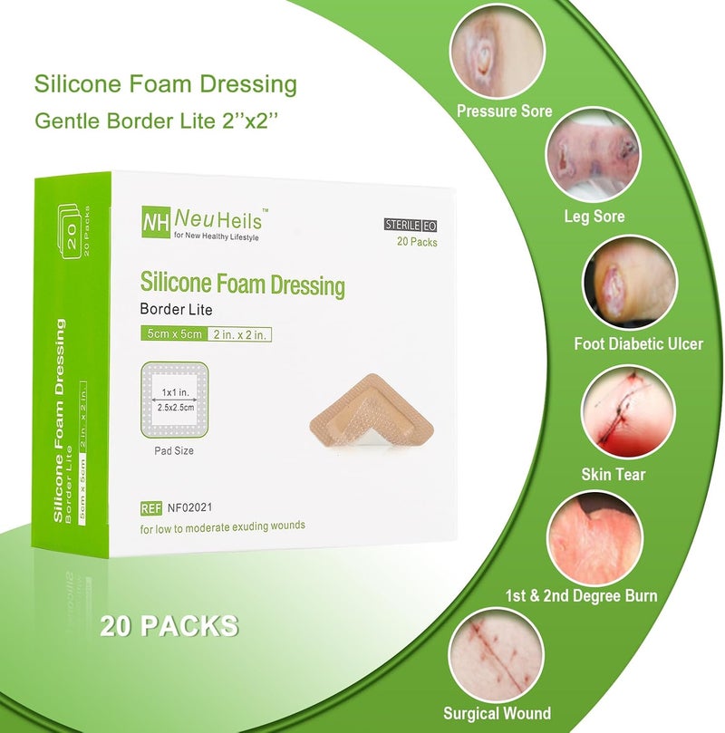 NeuHeils Silicone Foam Dressing Gentle Border Lite 2x2 Pad Size 1x1 20 Pack for Small Bed Sore Pressure Ulcer Wound Bandages Patches - Image 2