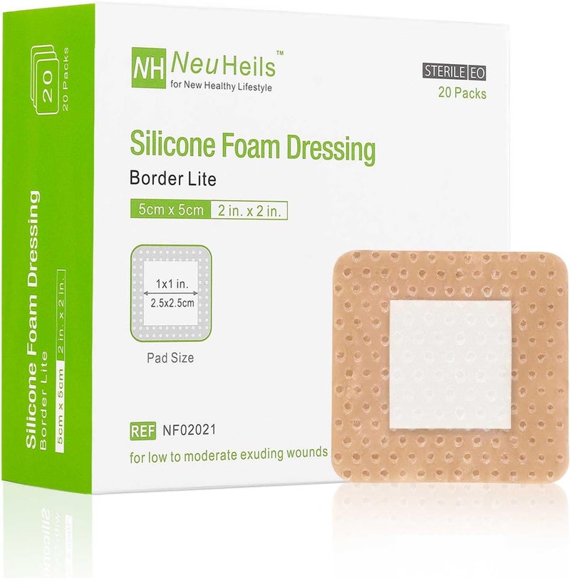 NeuHeils Silicone Foam Dressing Gentle Border Lite 2x2 Pad Size 1x1 20 Pack for Small Bed Sore Pressure Ulcer Wound Bandages Patches - Image 1