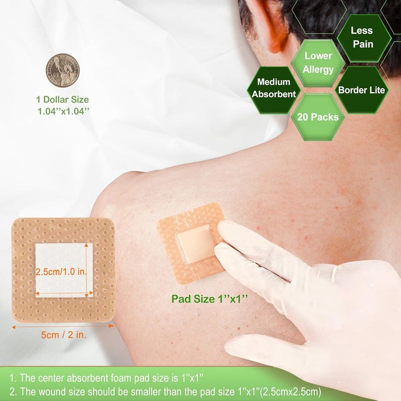 NeuHeils Silicone Foam Dressing Gentle Border Lite 2x2 Pad Size 1x1 20 Pack for Small Bed Sore Pressure Ulcer Wound Bandages Patches - Image 3