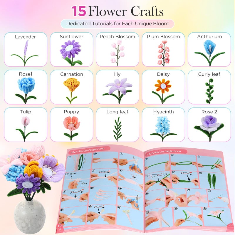 Funtopia Pipe Cleaner Flower Kit, 540Pcs Pipe Cleaners Craft with 15 Designs Guiding Book, Flower Making Kit with Chenille Stems & Floral Wires, DIY Bouquets and Party Decorations (Multicolor, 12in x 7mm) - Image 5