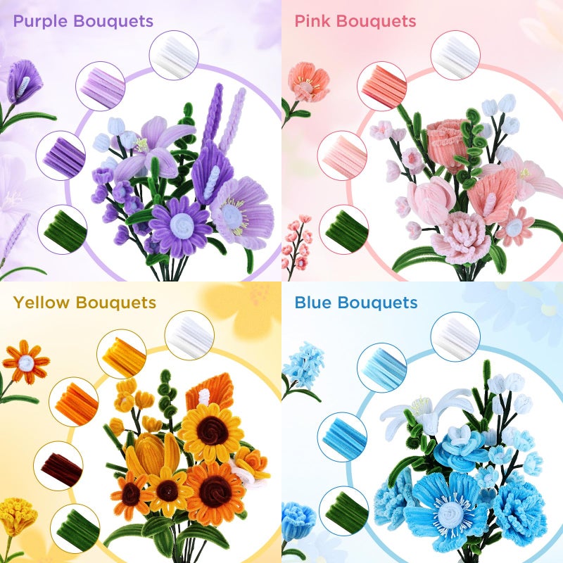Funtopia Pipe Cleaner Flower Kit, 540Pcs Pipe Cleaners Craft with 15 Designs Guiding Book, Flower Making Kit with Chenille Stems & Floral Wires, DIY Bouquets and Party Decorations (Multicolor, 12in x 7mm) - Image 2